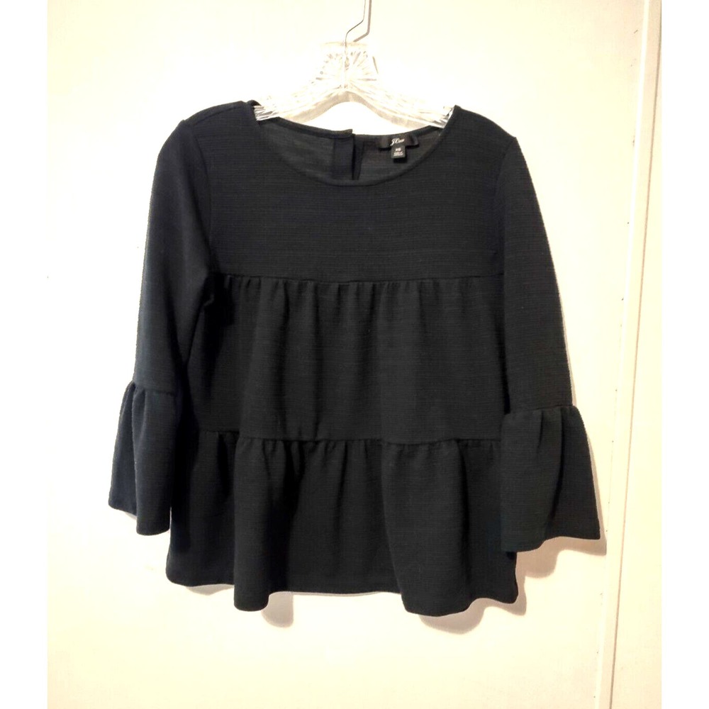 J Crew Womens Pullover Top Black Button back tiered bell sleeve top Oufit XS NEW